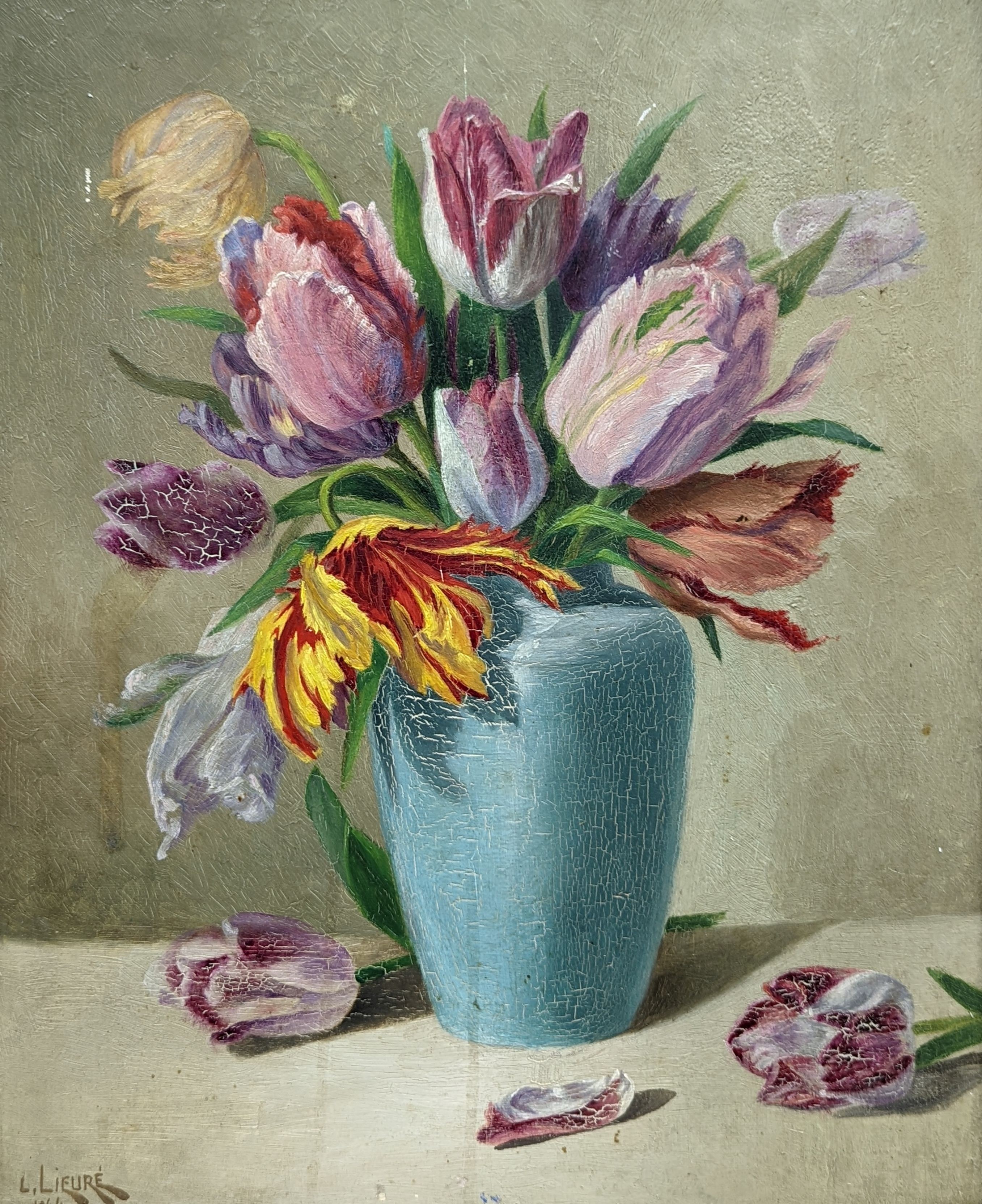 L. Lievré, oil on wooden panel, Still life of tulips in a blue vase, signed and dated 1944, 40 x 32cm